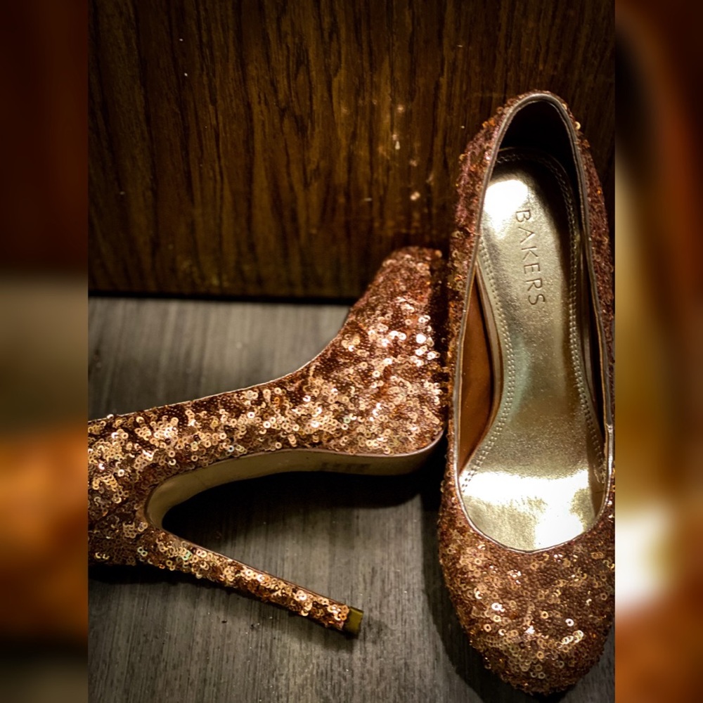 Rose gold sequins shoes from Bakers.